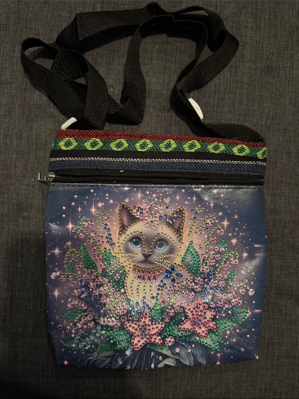 Embellished Cat Floral Crossbody Bag - Blue